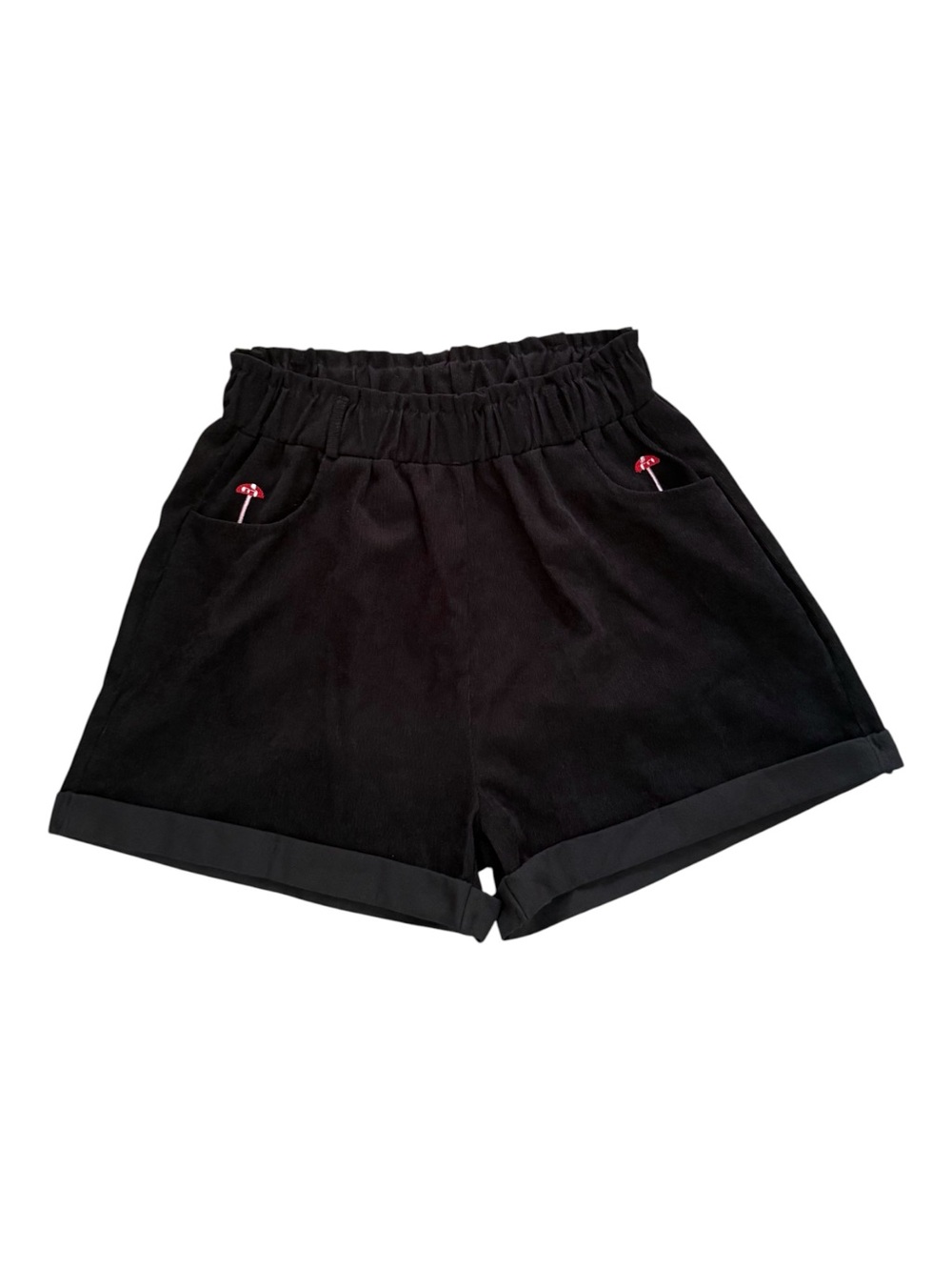 ROMWE Black High-Waist Elastic-Waist Corduroy Shorts Mushroom Embroidery Accents